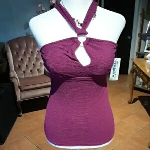 Elegant Purple Halter O Burgundy tops stretch fabric